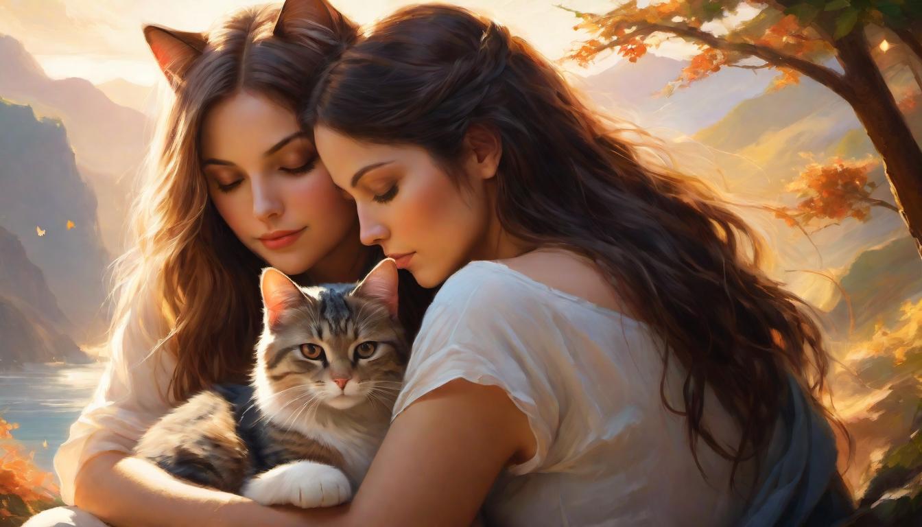  digital painting of Two figures, a human and a cat, sitting side by side, gazing into the horizon, ethereal light casting a warm glow, symbols of divine love and mutual respect, serene companionship, emblematic of a deep bond, peaceful coexistence, heartfelt connection looking at viewer, dynamic pose, (intricate details, masterpiece, best quality)