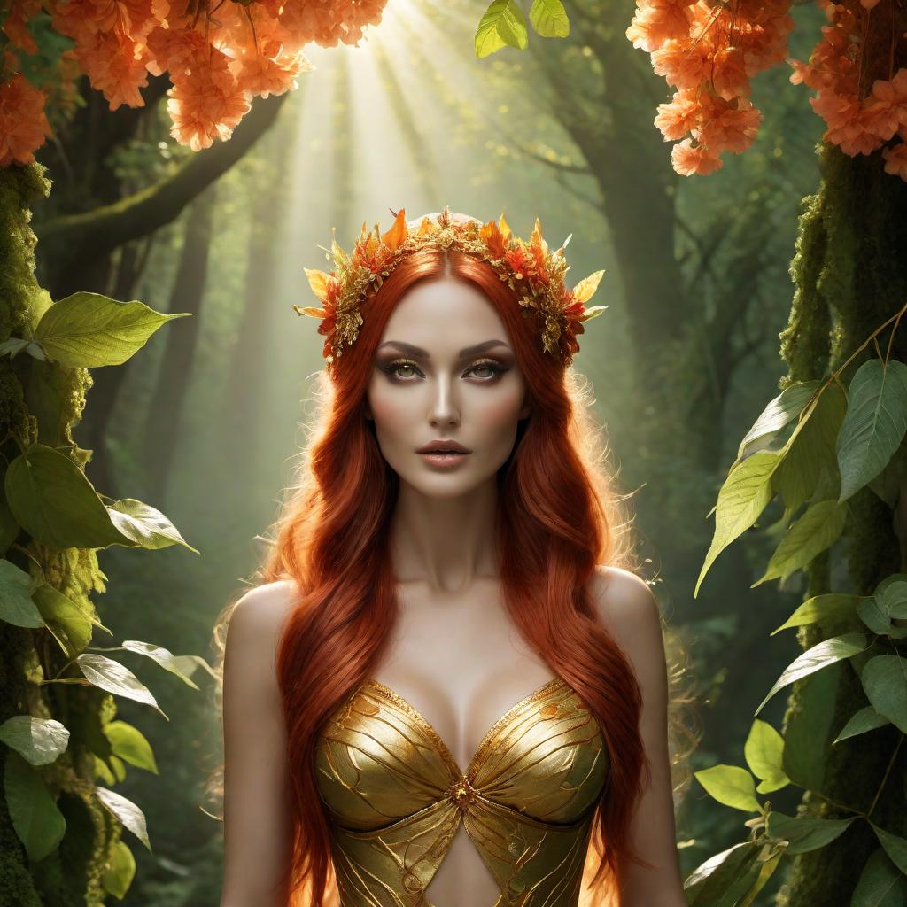  A nimide (a mix of a nymph and a dryad) female. She has a slender figure with delicate, ethereal features. Her skin has a slight shimmer, reminiscent of moonlight on water. Her hair is long and flows like a waterfall, with strands that change colors with the seasons – currently, it's a blend of autumnal hues: red, orange, and gold. Her eyes are a deep emerald green, sparkling with ancient wisdom. She is adorned with nature – leaves, flowers, and vines that wrap around her gracefully. Her attire is made of petals and leaves, providing a natural and elegant look. The background is a magical forest with light filtering through the dense foliage, creating a serene and mystical atmosphere. hyperrealistic, full body, detailed clothing, highly detailed, cinematic lighting, stunningly beautiful, intricate, sharp focus, f/1. 8, 85mm, (centered image composition), (professionally color graded), ((bright soft diffused light)), volumetric fog, trending on instagram, trending on tumblr, HDR 4K, 8K