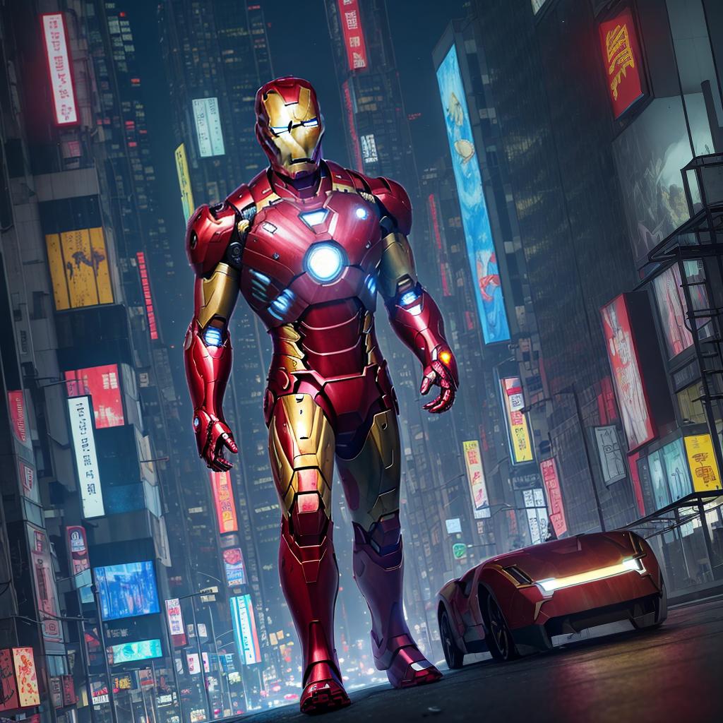  masterpiece, best quality, Best quality, masterpiece, 8k resolution, realistic, highly detailed, close up of Iron Man. In a cyberpunk-style night scene of the city, he stands on a street lined with tall buildings. The city's night lights are bright, The surrounding buildings and streets are filled with cyberpunk elements such as neon lights, high-tech devices, and futuristic architectural designs.