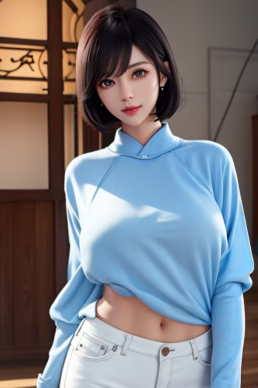  A with short black hair and a bob. She is looking at the camera with both hands on the floor. She is wearing a white long sleeved T shirt and light blue denim pants. Her is open wide, her large age and light blue . hyperrealistic, full body, detailed clothing, highly detailed, cinematic lighting, stunningly beautiful, intricate, sharp focus, f/1. 8, 85mm, (centered image composition), (professionally color graded), ((bright soft diffused light)), volumetric fog, trending on instagram, trending on tumblr, HDR 4K, 8K