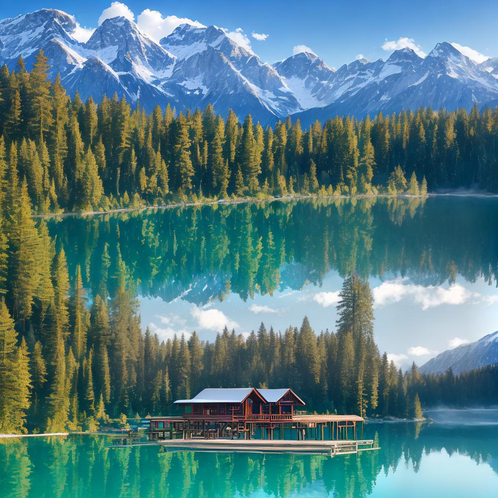  A serene alpine lake surrounded by snow-capped mountains under a clear blue sky. ((Masterpiece)), (((best quality))), 8k, high detailed, ultra-detailed. The main subject is a tranquil lake reflecting the majestic snow-capped mountains in its crystal-clear waters. The scene is set under a clear blue sky, enhancing the beauty and serenity of the landscape. Additional elements include a dense forest of evergreen trees surrounding the lake, a small wooden pier jutting out into the water, and a family of ducks peacefully swimming near the shore. The colors are vibrant and natural, with shades of deep blues for the lake, pure white for the snow, rich greens for the forest, and a bright golden sunlight illuminating the entire scene. hyperrealistic, full body, detailed clothing, highly detailed, cinematic lighting, stunningly beautiful, intricate, sharp focus, f/1. 8, 85mm, (centered image composition), (professionally color graded), ((bright soft diffused light)), volumetric fog, trending on instagram, trending on tumblr, HDR 4K, 8K