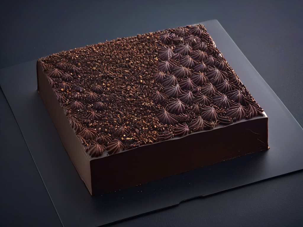  An ultradetailed closeup image of a single dark chocolate beantobar square with intricate swirls and patterns, showcasing its glossy sheen and rich texture. The square sits on a sleek, matte black surface, with subtle lighting emphasizing its luxurious appearance and artisanal quality. hyperrealistic, full body, detailed clothing, highly detailed, cinematic lighting, stunningly beautiful, intricate, sharp focus, f/1. 8, 85mm, (centered image composition), (professionally color graded), ((bright soft diffused light)), volumetric fog, trending on instagram, trending on tumblr, HDR 4K, 8K