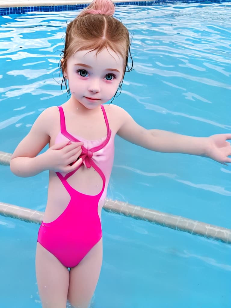  generate a little beautifull girl swimmer swming at swming pool wearing pink swming costume. reference photo girl avatar type. no goggles and no head cap. american white little beautifull girl swimmer need.