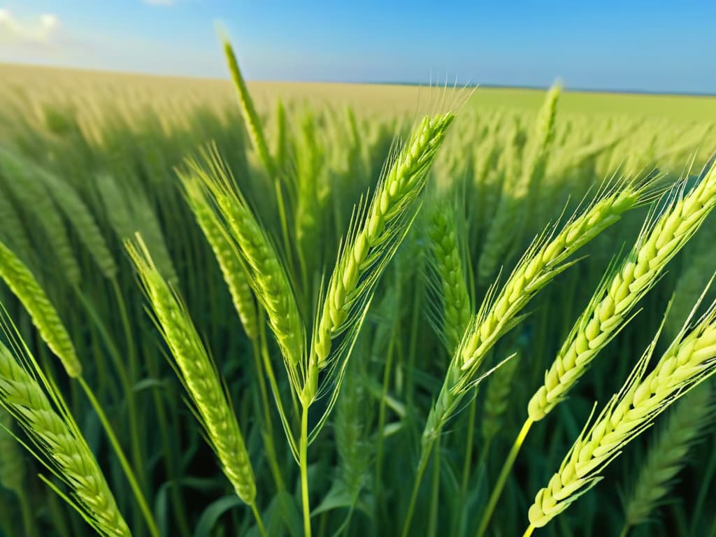  A closeup, ultradetailed image of a vibrant green wheat field under a clear blue sky. Each individual stalk of wheat is sharply in focus, showcasing the intricate details of the kernels and the delicate sway of the plants in the wind. The sunlight casts a golden hue over the field, creating a mesmerizing play of light and shadow across the landscape. The minimalistic composition highlights the beauty and simplicity of sustainable crop cultivation, evoking a sense of harmony and balance with nature. hyperrealistic, full body, detailed clothing, highly detailed, cinematic lighting, stunningly beautiful, intricate, sharp focus, f/1. 8, 85mm, (centered image composition), (professionally color graded), ((bright soft diffused light)), volumetric fog, trending on instagram, trending on tumblr, HDR 4K, 8K