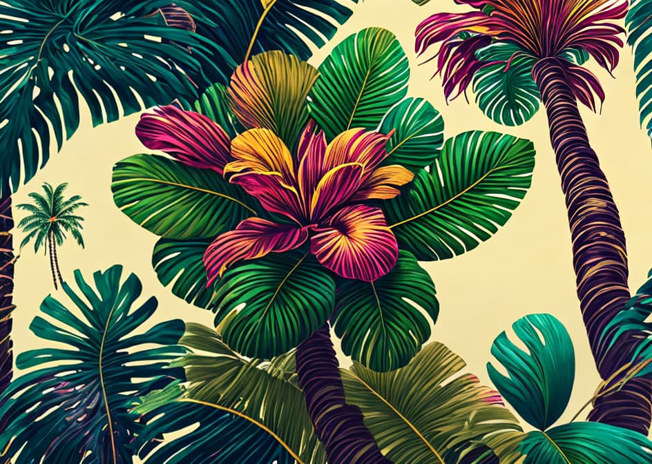 IN THE STYLE OF <MAGIFACTORY> Capture the essence of a tropical paradise with hand drawn palm trees, coconuts, and exotic birds. This design is ideal for creating a vibrant and lively atmosphere in fashion, textiles, or wallpaper. hyperrealistic, full body, detailed clothing, highly detailed, cinematic lighting, stunningly beautiful, intricate, sharp focus, f/1. 8, 85mm, (centered image composition), (professionally color graded), ((bright soft diffused light)), volumetric fog, trending on instagram, trending on tumblr, HDR 4K, 8K