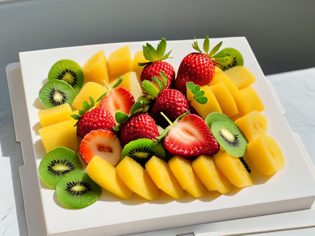  A photorealistic image of an array of vibrant dehydrated fruits such as strawberries, mango slices, pineapple rings, and kiwi chips meticulously arranged on a sleek marble countertop next to a scattering of fresh mint leaves. The fruits glisten with a subtle sheen, showcasing their natural sugars, while the colors pop against the cool, smooth surface, creating an enticing and visually appealing composition that exudes freshness and sweetness. hyperrealistic, full body, detailed clothing, highly detailed, cinematic lighting, stunningly beautiful, intricate, sharp focus, f/1. 8, 85mm, (centered image composition), (professionally color graded), ((bright soft diffused light)), volumetric fog, trending on instagram, trending on tumblr, HDR 4K, 8K