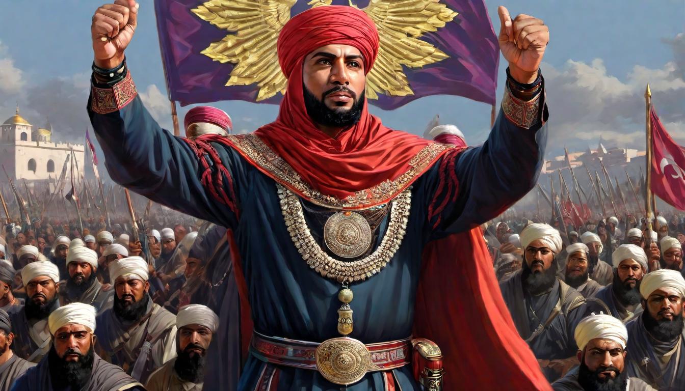  digital painting of A charismatic leader at the forefront, rallying a diverse Muslim army, banner of faith unfurled, coalition of darkness looms opposite, moment before the clash, unity in diversity, empowered looking at viewer, dynamic pose, (intricate details, masterpiece, best quality)