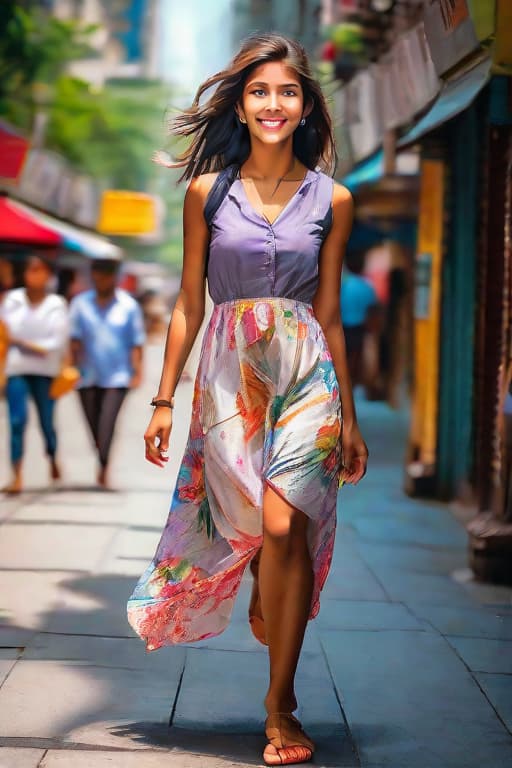  A beautiful young girl leisurely strolling down the bustling street, with a serene look on her face and a captivating smile, dressed in a stunning summer dress that flows with the gentle breeze, surrounded by vibrant colors and lively activity, ambling through the concrete jungle with grace and poise, her feet barely the ground as she wanders through the hustle and bustle of city life.