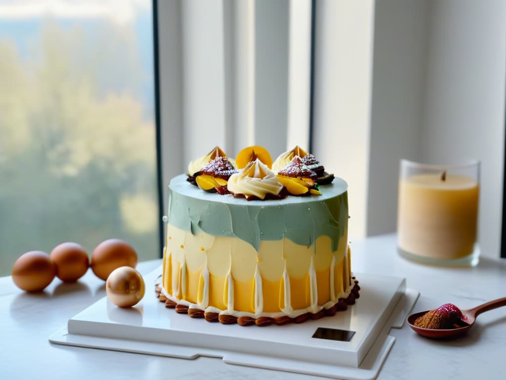  An ultradetailed image of a sleek, modern kitchen with marble countertops and copper accents. In the center, a minimalist tablet displaying a visually appealing and intricate cake design app interface, showcasing various tools and ingredients for creative pastry design. Soft natural light pours in through a large window, illuminating the space and adding a warm, inviting glow to the scene. hyperrealistic, full body, detailed clothing, highly detailed, cinematic lighting, stunningly beautiful, intricate, sharp focus, f/1. 8, 85mm, (centered image composition), (professionally color graded), ((bright soft diffused light)), volumetric fog, trending on instagram, trending on tumblr, HDR 4K, 8K