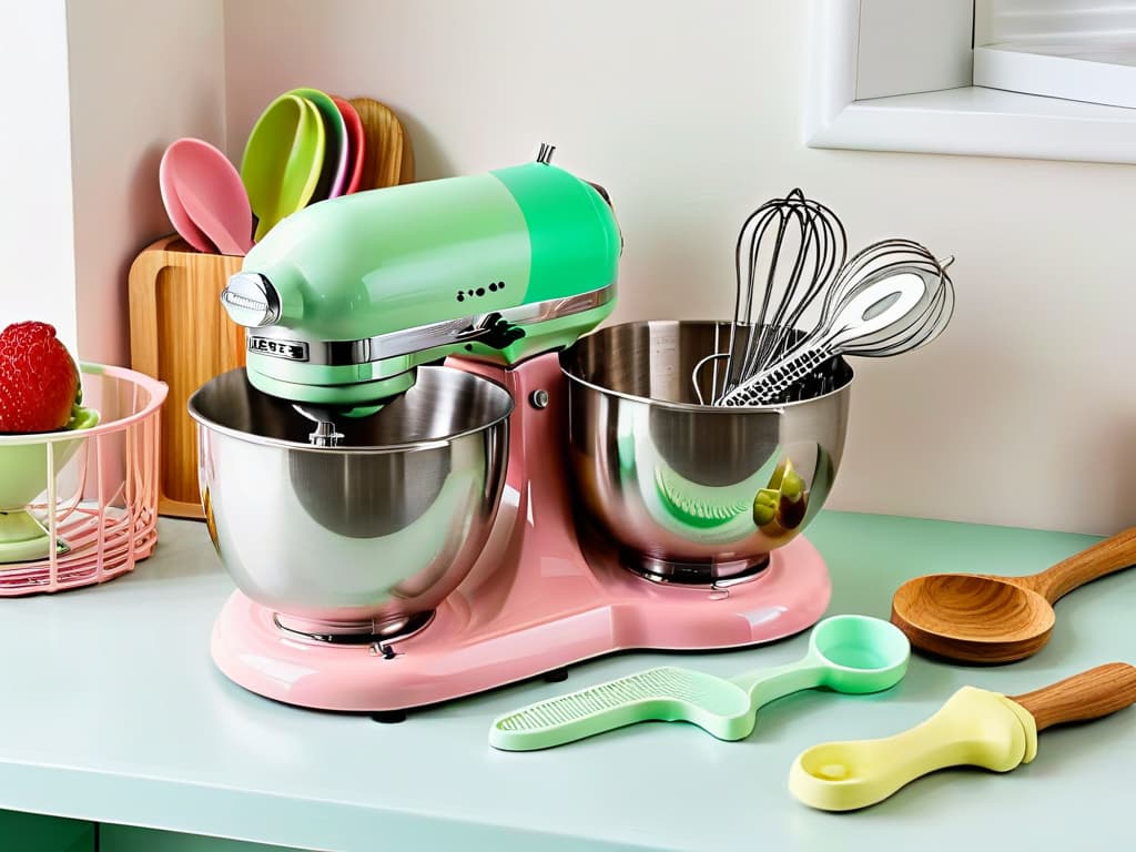  An ultradetailed, 8k image of a sleek, minimalist kitchen counter adorned with a collection of vintageinspired baking utensils from the 80s and 90s. The utensils are meticulously arranged: a pastel pink stand mixer, mint green retro scale, a set of floral patterned measuring cups, and a stack of vibrant mixing bowls in primary colors. The soft, natural light filtering through a nearby window casts gentle shadows, enhancing the nostalgic yet modern aesthetic of the scene. hyperrealistic, full body, detailed clothing, highly detailed, cinematic lighting, stunningly beautiful, intricate, sharp focus, f/1. 8, 85mm, (centered image composition), (professionally color graded), ((bright soft diffused light)), volumetric fog, trending on instagram, trending on tumblr, HDR 4K, 8K