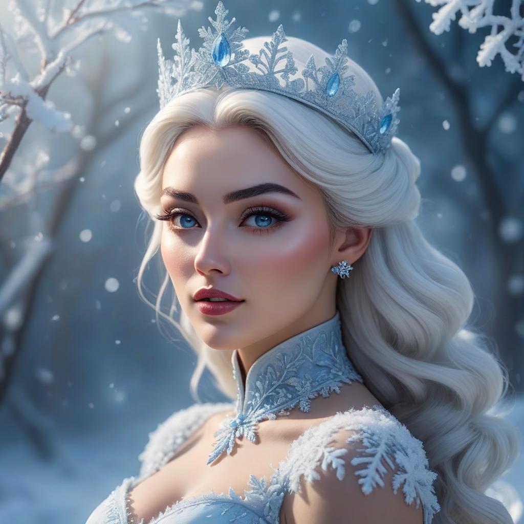  (masterpiece, formal art, rich background: 1.2), The Snow Queen. double exposure. portrait, with cute face, beautiful face, realistic shades, Perfect face, fine details, open mouth, crisp white teeth, wide eyebrows, realistic shaded lighting. The snow white dress is with snowflake lace. A crown of snowflakes and ice. Snow is flying all around. The picture smells cold. Everything is flooded with a cold bluish light. hyperrealistic, full body, detailed clothing, highly detailed, cinematic lighting, stunningly beautiful, intricate, sharp focus, f/1. 8, 85mm, (centered image composition), (professionally color graded), ((bright soft diffused light)), volumetric fog, trending on instagram, trending on tumblr, HDR 4K, 8K