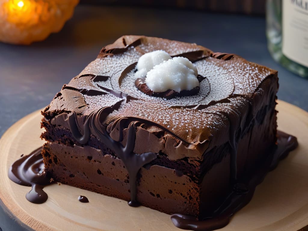  A closeup, ultradetailed image of a perfectly flaky sea salt crystal delicately resting on top of a rich, dark chocolate brownie. The crystal glistens under a soft spotlight, showcasing its intricate structure and natural beauty, while the brownie's edges are slightly blurred, emphasizing the contrast between the textured salt and the decadent dessert beneath it. hyperrealistic, full body, detailed clothing, highly detailed, cinematic lighting, stunningly beautiful, intricate, sharp focus, f/1. 8, 85mm, (centered image composition), (professionally color graded), ((bright soft diffused light)), volumetric fog, trending on instagram, trending on tumblr, HDR 4K, 8K