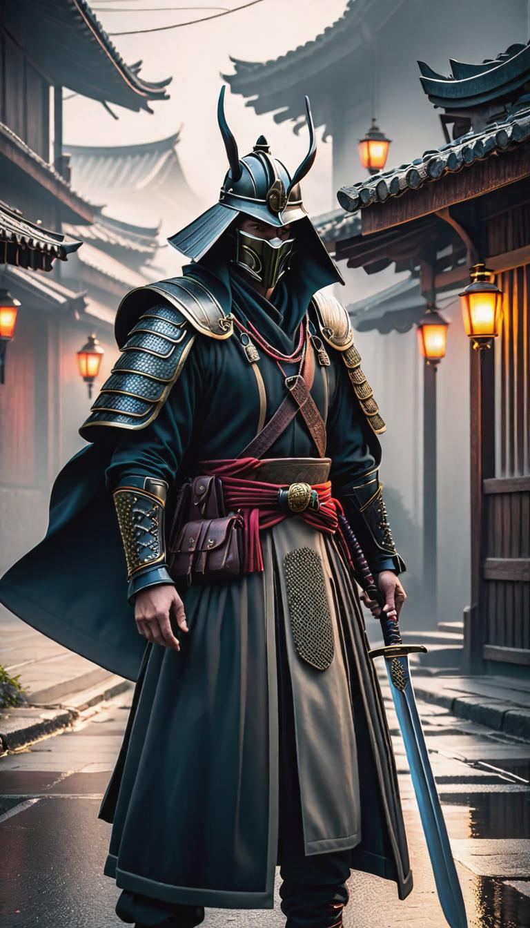  Cyberpunk style depiction of Samurai with cloak guy sword dragons and rice hat dragons dragons rice hat rice hat. The scene is set in a world where technology has advanced, but society and human conditions have not, creating a gritty, dystopian atmosphere. hyperrealistic, full body, detailed clothing, highly detailed, cinematic lighting, stunningly beautiful, intricate, sharp focus, f/1. 8, 85mm, (centered image composition), (professionally color graded), ((bright soft diffused light)), volumetric fog, trending on instagram, trending on tumblr, HDR 4K, 8K