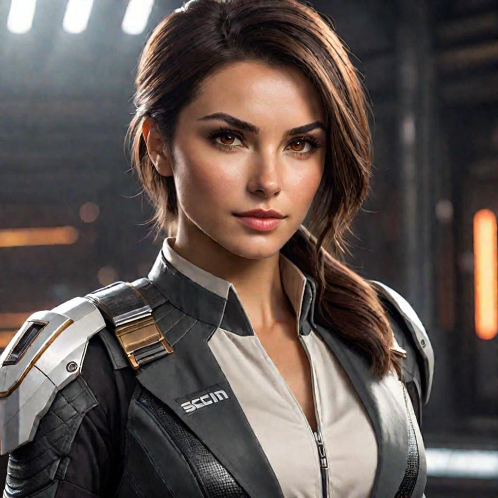  female, human, anti-hero, leader, survivor, skilled fighter, resourceful, determined, brave, confident, brunette hair, brown eyes, she has a scar on the right cheek, confident, powerful, badass, happy, main character, wearing a feminine suit. sci-fi world, raw photo, (high detailed skin:1.2), 8k uhd, dslr, soft lighting, high quality, film grain, fujifilm xt3, portrait, 85mm, f2.0, light, ultra realistic,, portrait, 85mm, f2.0, light, ultra realistic, 8k, fm2.0, cinema4d, cute, hyper detail, full HD hyperrealistic, full body, detailed clothing, highly detailed, cinematic lighting, stunningly beautiful, intricate, sharp focus, f/1. 8, 85mm, (centered image composition), (professionally color graded), ((bright soft diffused light)), volumetric fog, trending on instagram, trending on tumblr, HDR 4K, 8K