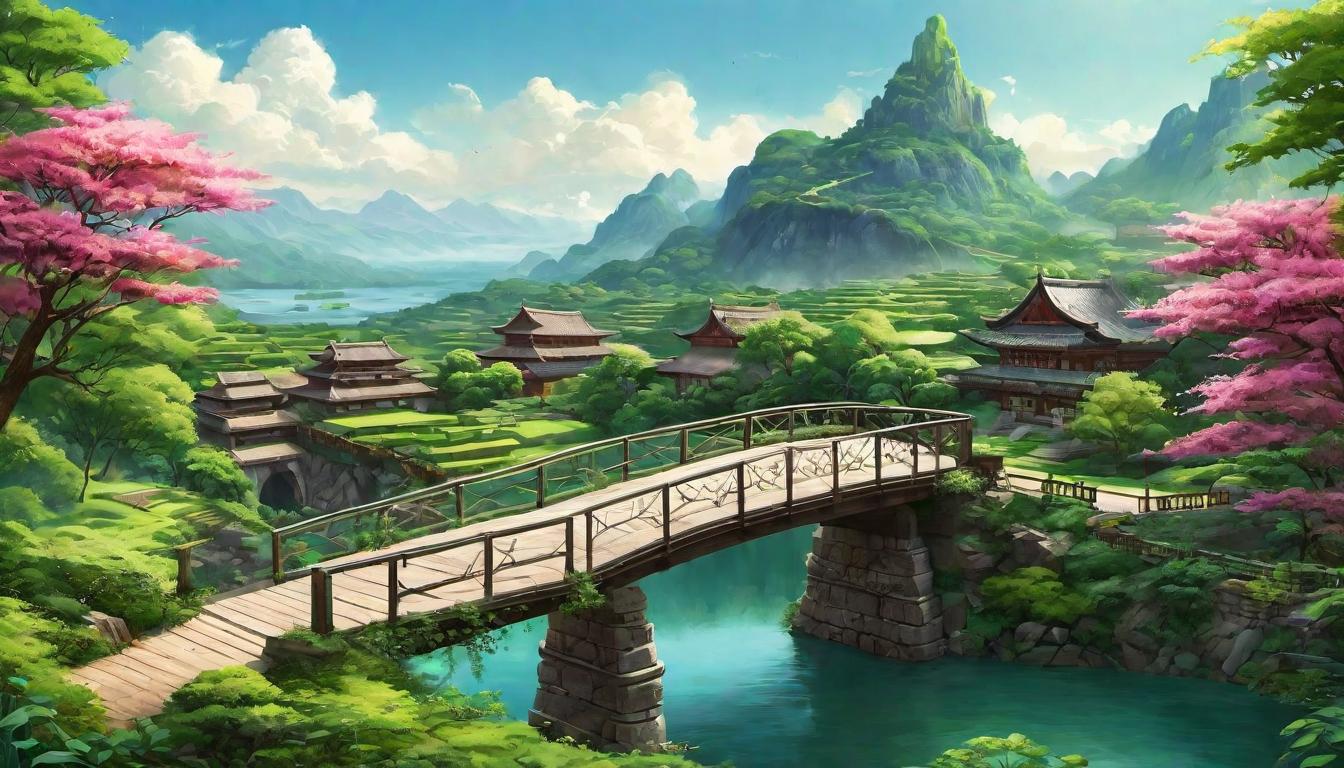  digital illustration A bridge spanning between traditional medical buildings and a lush green landscape with meditation and yoga, transcending healthcare boundaries, bridging, expansive looking at viewer, dynamic pose, (intricate details, masterpiece, best quality)