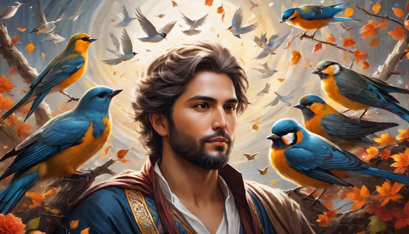  digital painting of The Prophet, with birds perched on his shoulders, each chirping harmoniously, symbiotic relationship, air filled with musical notes, detailed feathers and serene expression, joyful serenade looking at viewer, dynamic pose, (intricate details, masterpiece, best quality)