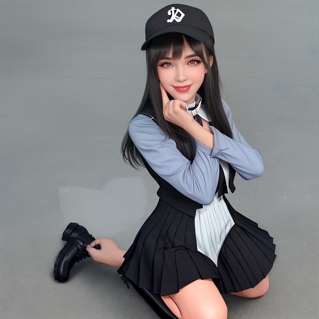  makeup, best quality, female, hottie, spy, bushy eyebrows, watery eyes, heart-shaped mouth, face, smile, black hair, bangs, side id, roll, heart-shaped hair accessory, collar, support, vest, dress, pleated , ruffle, baseball cap, boots, no socks, kneeling, fingers interlocked, hug, stretch