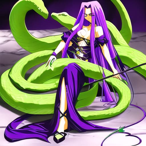  Lamia Medusa her hair is dark green snakes hair she has purple eyes she, no legs but big snake tails for her body, she wearing black warlock clothes her magic staff holding her right hand