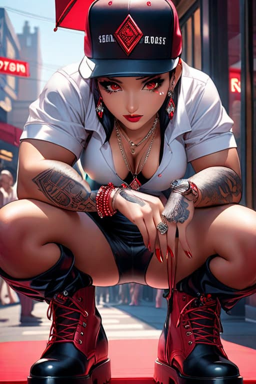  Female caramel Hispanic, Asian ,hair white , skin,glistening ,black eye shadow , diamonds, neck tattoos wide field view ,glowing boots diamonds a white & black shirt that says "red diamond dynasty” on shirt with a red diamond on it wearing a black SnapBack hat,silly faces, with tables with red cloth and shirts and custom chains standing in the middle of a crowd outside a black and red jewelry store crouched hyperrealistic, full body, detailed clothing, highly detailed, cinematic lighting, stunningly beautiful, intricate, sharp focus, f/1. 8, 85mm, (centered image composition), (professionally color graded), ((bright soft diffused light)), volumetric fog, trending on instagram, trending on tumblr, HDR 4K, 8K