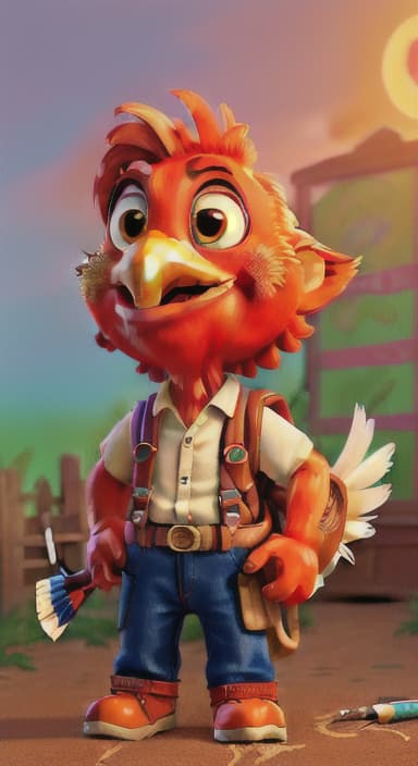  {Rooster holding a paintbrush and painting a colorful picture of the sun., A bright red and orange rooster with shiny feathers and a curious expression; he wears a small backpack. Other characters throughout the story include young children, teachers, and various animals, all with friendly and approachable faces.