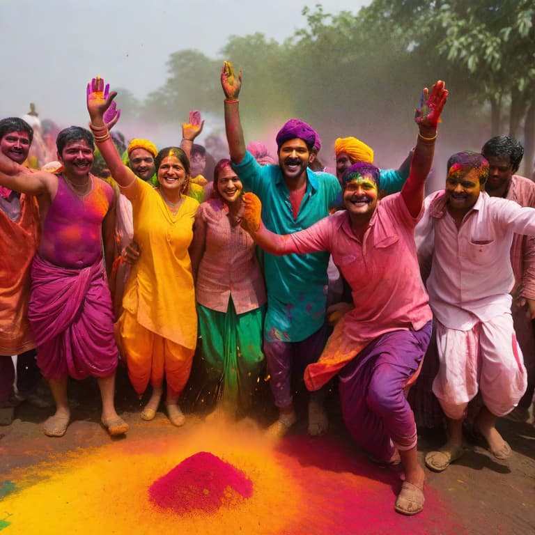  Subject Detail: The image depicts a group of farmers joyously celebrating Holi, the Hindu festival of colors. They are drenched in rain, their clothes sticking to their bodies, while vibrant colors adorn their faces, hands, and clothes. In the foreground, some farmers are seen throwing gulal (colored powder) at each other, creating a colorful cloud in the air. Others hold brightly colored water guns, splashing colored water on their companions. Each farmer wears a distinct traditional outfit, showcasing the diversity of their culture. Some women wear bright sarees, while the men sport turbans and dhotis. In the background, the lush green fields and tall trees accentuate the rural setting.

Medium: Digital art

Art Style: Vibrant and express