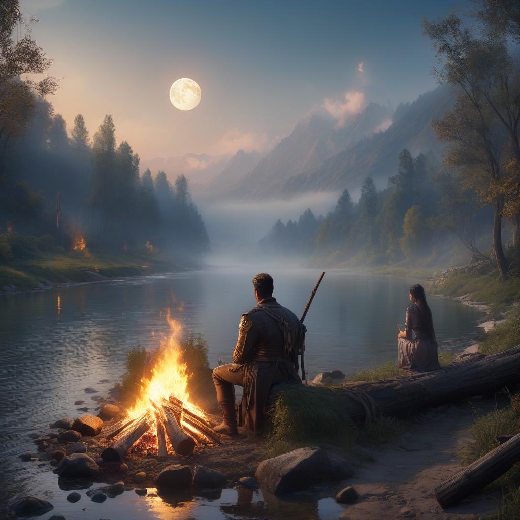  concept art A with big s sits by the river side. A bonfire is burning. A full moon is shining. . digital artwork, ilrative, painterly, matte painting, highly detailed hyperrealistic, full body, detailed clothing, highly detailed, cinematic lighting, stunningly beautiful, intricate, sharp focus, f/1. 8, 85mm, (centered image composition), (professionally color graded), ((bright soft diffused light)), volumetric fog, trending on instagram, trending on tumblr, HDR 4K, 8K