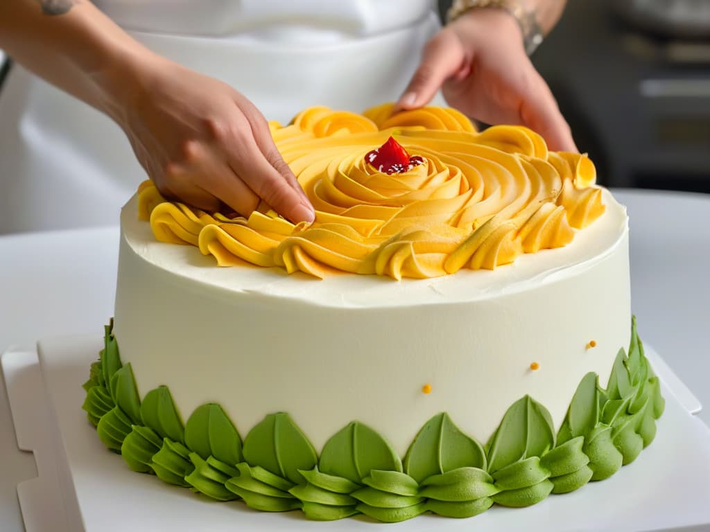  A closeup, ultradetailed image of a chef's hands meticulously piping delicate swirls of frosting onto a beautifully crafted cake, showcasing intricate details like the texture of the frosting, the precision of the piping technique, and the vibrant colors of the decorations. hyperrealistic, full body, detailed clothing, highly detailed, cinematic lighting, stunningly beautiful, intricate, sharp focus, f/1. 8, 85mm, (centered image composition), (professionally color graded), ((bright soft diffused light)), volumetric fog, trending on instagram, trending on tumblr, HDR 4K, 8K