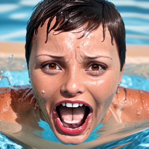  tanned woman's face with short haircut drowning in water she's screaming and panic