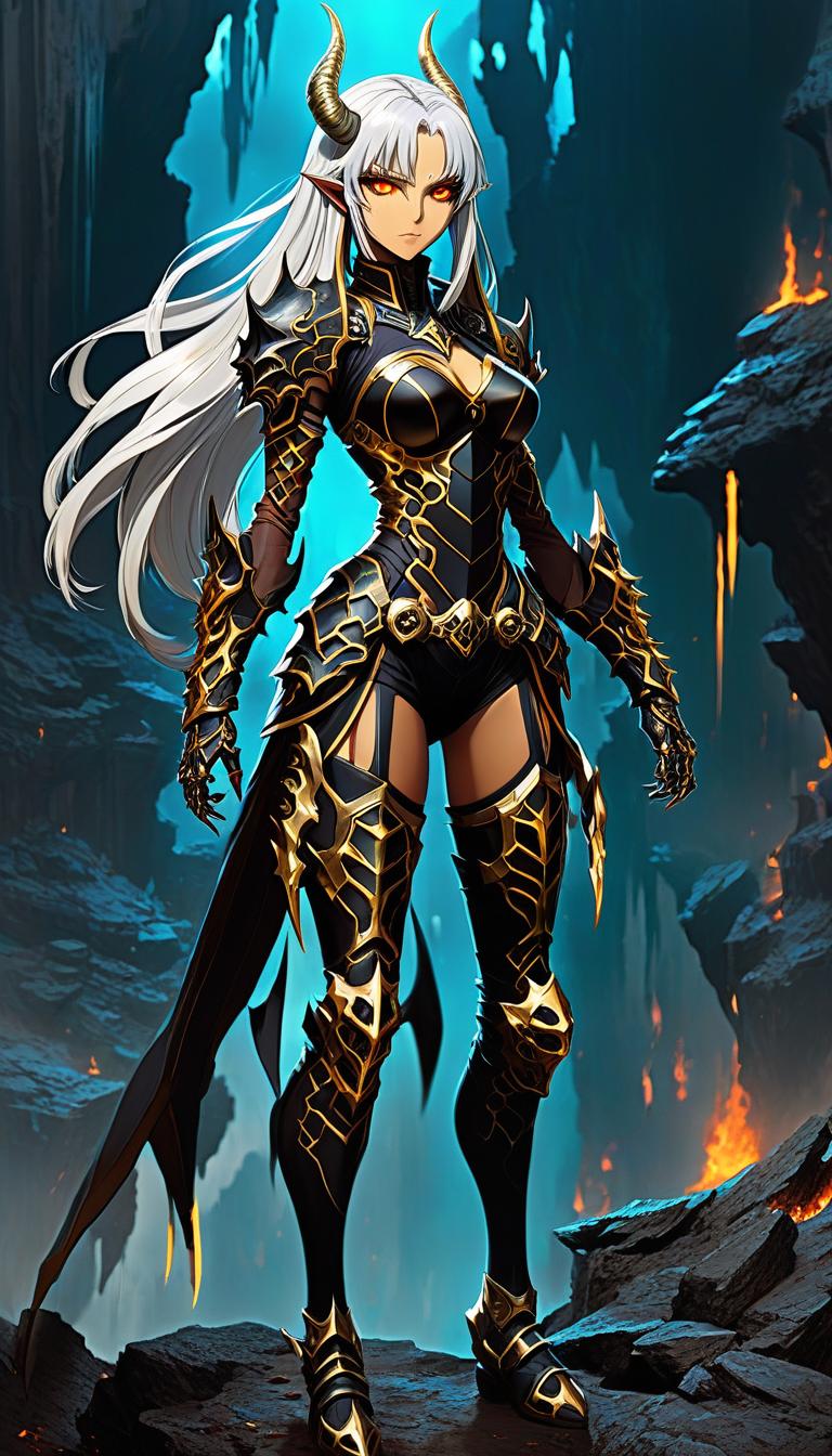  concept art ((in detail)), ((masterpiece)), ((best quality)), ((Magnificent)), Breathtaking, Amazing, Anime, <full body> of a demonic creature who was born in the abyss of hell, a short and beautiful girl ((full height)), with brown skin, long silver hair, stern gaze of golden eyes with vertical pupils, wears jet black open armor and helmet, half boots, long spear, moonlight, Night glow, . digital artwork, illustrative, painterly, matte painting, highly detailed hyperrealistic, full body, detailed clothing, highly detailed, cinematic lighting, stunningly beautiful, intricate, sharp focus, f/1. 8, 85mm, (centered image composition), (professionally color graded), ((bright soft diffused light)), volumetric fog, trending on instagram, trending on tumblr, HDR 4K, 8K