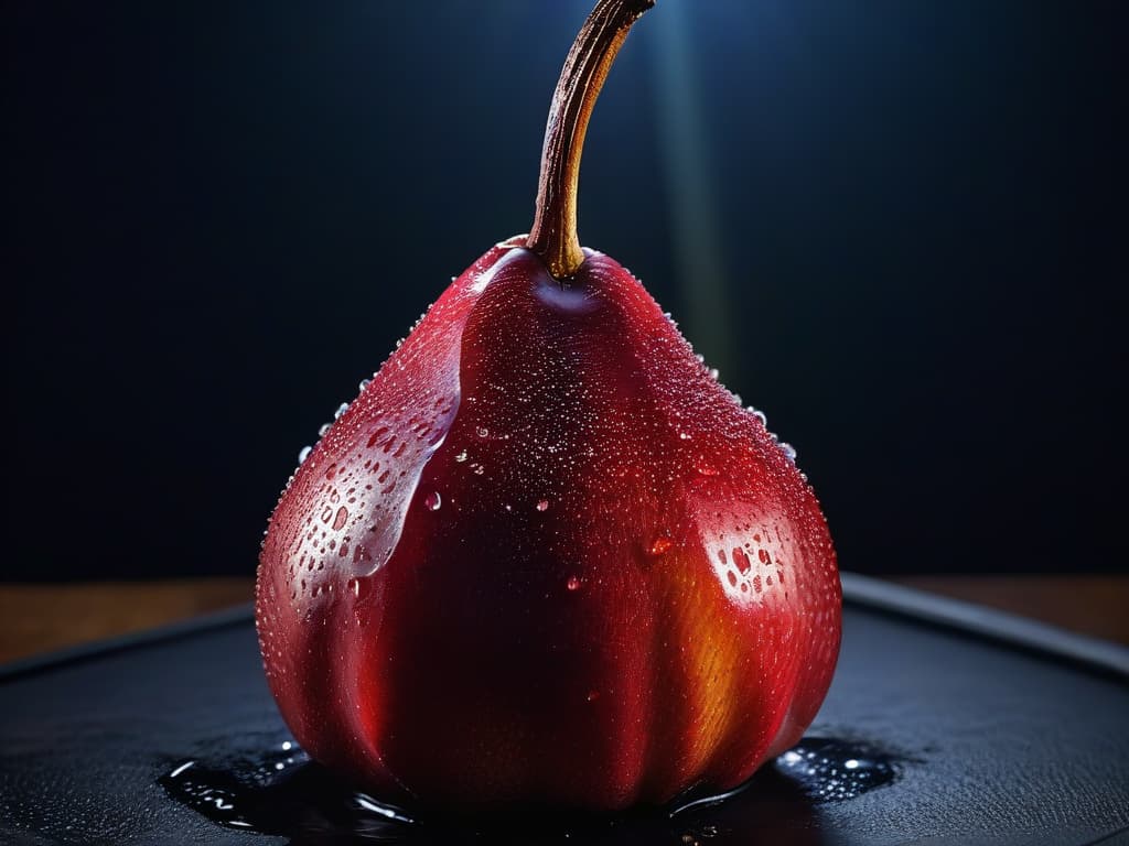  A closeup, ultradetailed image of a perfectly ripe red pear delicately coated in a glossy, rich red wine reduction. The pear's skin glistens under the soft lighting, showcasing a spectrum of deep reds and purples. Droplets of the reduced wine cling to the fruit, refracting light and creating a mesmerizing pattern of tiny rainbows. The background is a subtle gradient of dark hues, emphasizing the pear as the focal point. hyperrealistic, full body, detailed clothing, highly detailed, cinematic lighting, stunningly beautiful, intricate, sharp focus, f/1. 8, 85mm, (centered image composition), (professionally color graded), ((bright soft diffused light)), volumetric fog, trending on instagram, trending on tumblr, HDR 4K, 8K