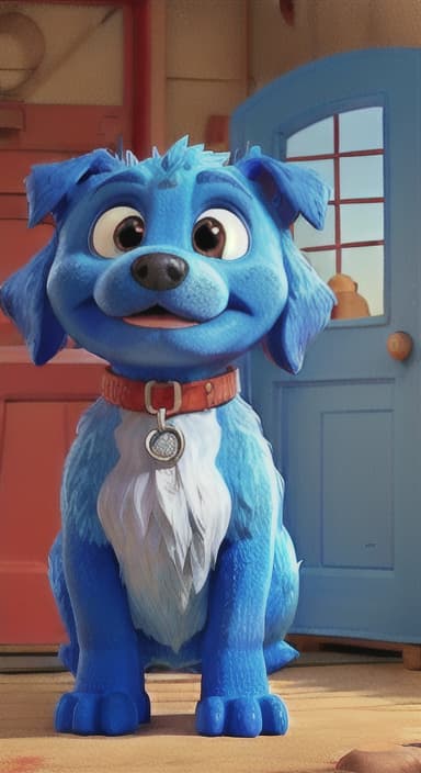  {Max the big blue dog standing in front of a cozy little house with a red door, The big blue dog is large with sky blue fur, big round eyes, a black nose, and floppy ears.