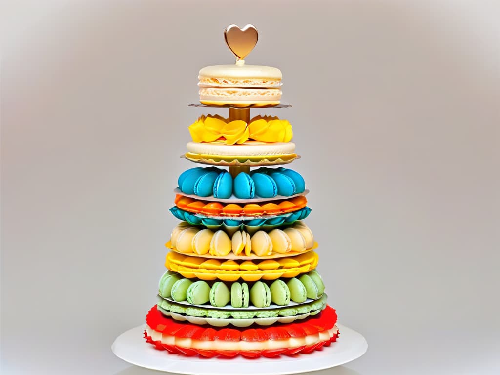  A closeup, highresolution image of a vibrant, colorful macaron tower against a plain white background, showcasing the intricate details and textures of each perfectly formed macaron shell. hyperrealistic, full body, detailed clothing, highly detailed, cinematic lighting, stunningly beautiful, intricate, sharp focus, f/1. 8, 85mm, (centered image composition), (professionally color graded), ((bright soft diffused light)), volumetric fog, trending on instagram, trending on tumblr, HDR 4K, 8K