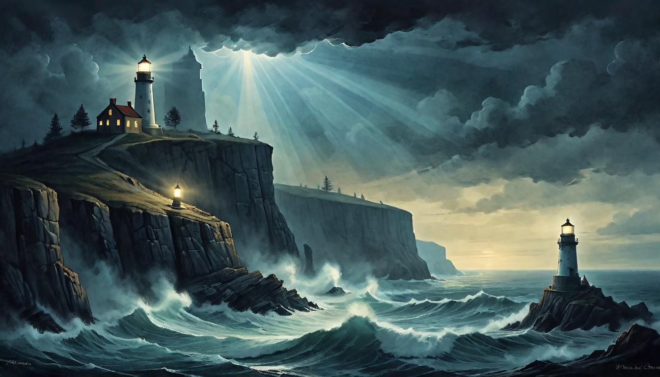  on parchment, surrealism+++, A lone lighthouse, beams of light cutting through the darkness, standing firm on a rugged cliff, sense of guidance and hope, resilient and unwavering(mysterious, provocative, symbolic,muted color)+++