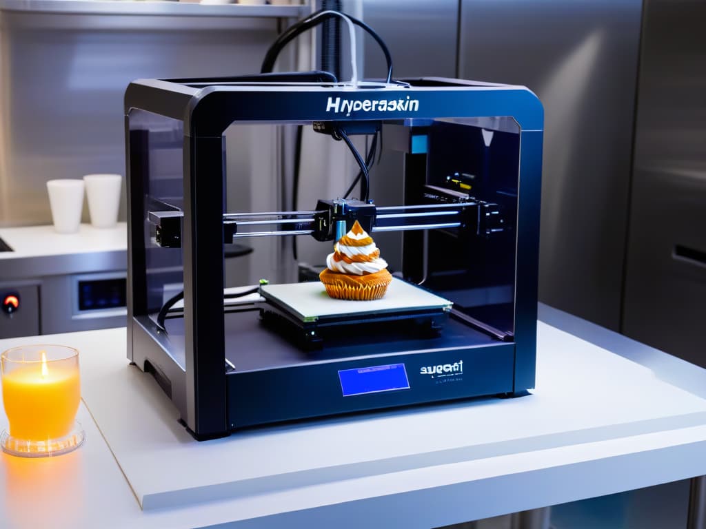  An intricate, highdefinition image of a sleek, futuristic 3D printer in action, crafting delicate and intricate sugar sculptures in a professional kitchen setting. The printer is surrounded by a soft, ambient glow, highlighting its precision and innovation in the realm of pastry arts. hyperrealistic, full body, detailed clothing, highly detailed, cinematic lighting, stunningly beautiful, intricate, sharp focus, f/1. 8, 85mm, (centered image composition), (professionally color graded), ((bright soft diffused light)), volumetric fog, trending on instagram, trending on tumblr, HDR 4K, 8K