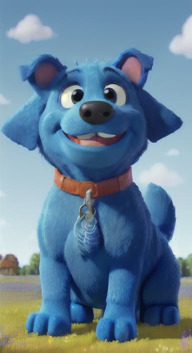  {A happy, big blue dog wagging its tail in a colorful meadow, The big blue dog is large with sky blue fur, big round eyes, a black nose, and floppy ears.