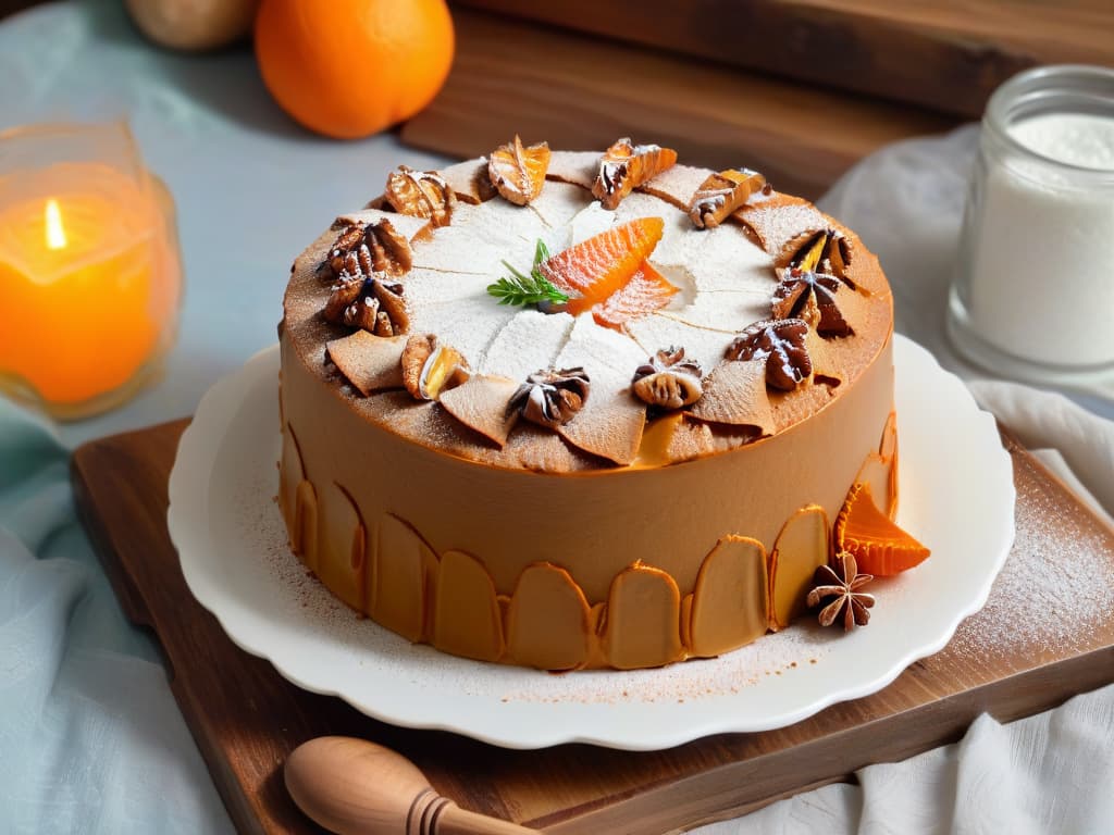  A minimalist, highresolution image of a freshly baked carrot and walnut cake sitting on a rustic wooden table, adorned with a light dusting of powdered sugar on top. The cake is beautifully sliced to reveal the vibrant orange hue of the carrots and the texture of the chopped walnuts, with a few pieces scattered around the plate. The soft natural light coming from a nearby window highlights the moist crumb of the cake, creating a warm and inviting atmosphere. hyperrealistic, full body, detailed clothing, highly detailed, cinematic lighting, stunningly beautiful, intricate, sharp focus, f/1. 8, 85mm, (centered image composition), (professionally color graded), ((bright soft diffused light)), volumetric fog, trending on instagram, trending on tumblr, HDR 4K, 8K