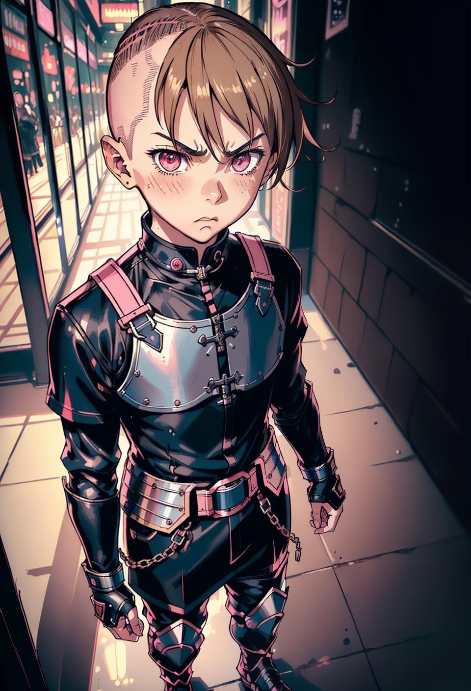  ((trending, highres, masterpiece, cinematic shot)), 1boy, chibi, male knight, mall scene, very short straight light brown hair, shaved head, narrow pink eyes, apathetic personality, angry expression, fair skin, morbid, toned
