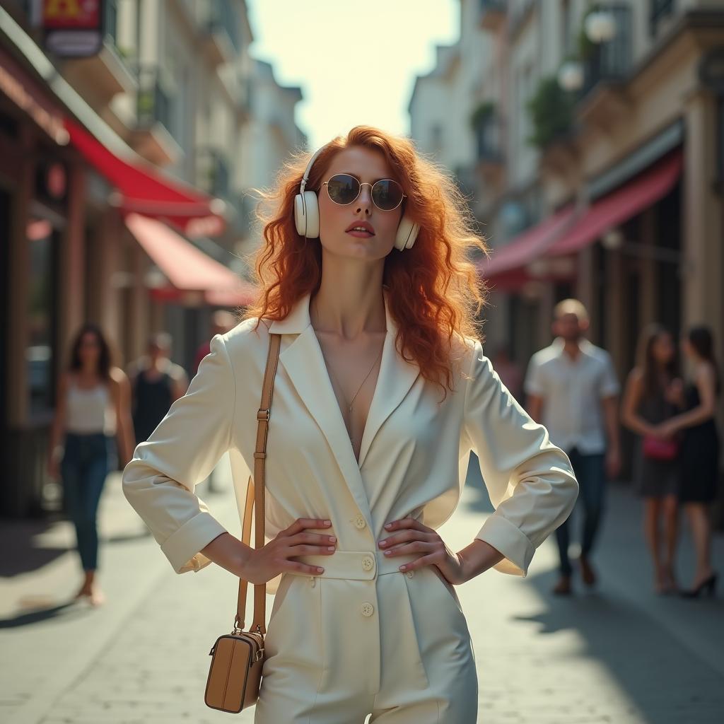  capture an editorial photography featuring a redhead ager listening to music on a bustling city street. the , styled in white (rgb 255 255 255), adopts a confident pose with both hands on their waist, accentuated by a low angle shot that looks up at the subject. the outfit is complemented by shades of alto (rgb 219 219 219) and accented with mine shaft (rgb 50 50 50). the scene is enhanced with a bokeh effect and the amaro instagram filter, which lightens the center of the image, adding a soft glow. hyperrealistic, full body, detailed clothing, highly detailed, cinematic lighting, stunningly beautiful, intricate, sharp focus, f/1. 8, 85mm, (centered image composition), (professionally color graded), ((bright soft diffused light)), volumetric fog, trending on instagram, trending on tumblr, HDR 4K, 8K