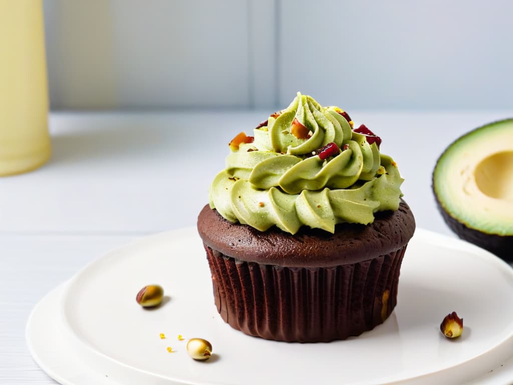  An ultradetailed closeup image of a decadent chocolate cupcake with a rich, creamy avocado frosting, topped with a sprinkle of crushed pistachios and a single raspberry. The cupcake is placed on a sleek, modern white plate, set against a clean, minimalist background to emphasize the intricate textures and vibrant colors of the dessert. hyperrealistic, full body, detailed clothing, highly detailed, cinematic lighting, stunningly beautiful, intricate, sharp focus, f/1. 8, 85mm, (centered image composition), (professionally color graded), ((bright soft diffused light)), volumetric fog, trending on instagram, trending on tumblr, HDR 4K, 8K