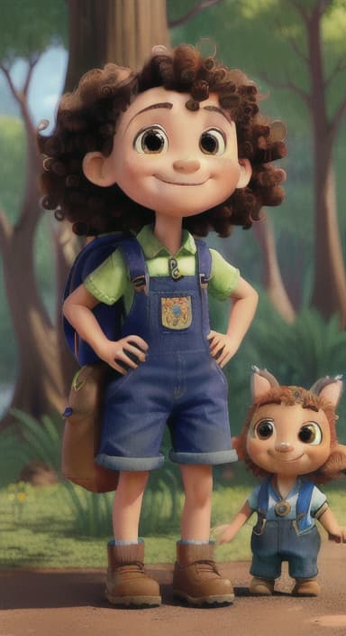  {The tree with a smiling face formed by its bark, looking down at Riley., Riley, a curious with big brown eyes and curly hair, wearing overalls and carrying a small backpack. Their friend, Skye, a bluebird with shiny feathers.