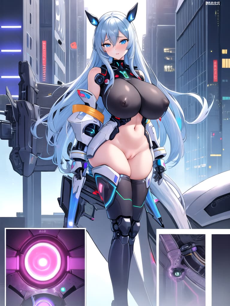  NSFW, extreme detail, transgender scifi, robot, future city background, extreme beautiful detailed eyes, vibrant colors, technology, grey armor, robot with gigantic breast and large ass blue eyes seductive full metal bodysuit thick thighs  spread legs, nude, exposed nipples, gigantic horse cock in-between legs spewing cum sci-fi