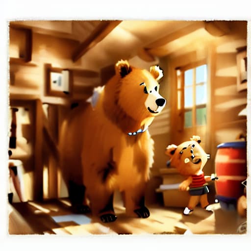  (best quality:1.5),(realistic:1.0),a boy and a bear standing, in cabin