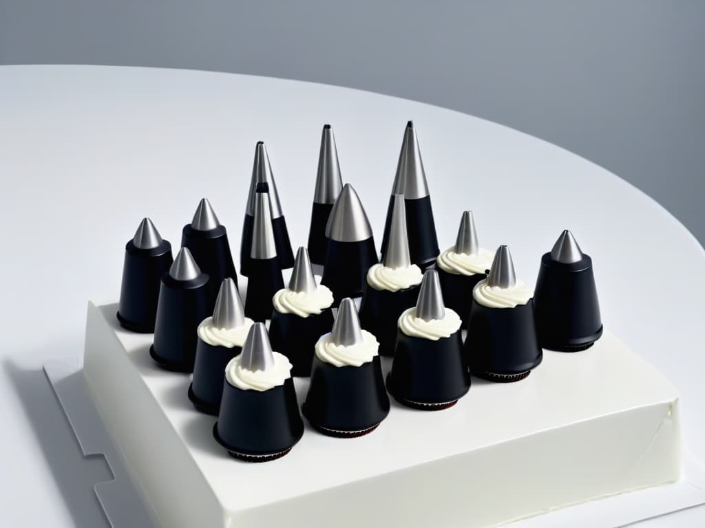  A closeup, ultradetailed image of an array of different piping nozzles, each with intricate designs, lined up neatly on a sleek, modern white countertop. The nozzles vary in size, shape, and pattern, showcasing the versatility and artistry that can be achieved in cake decorating. The lighting is soft and focused, highlighting the fine details of each nozzle and creating a visually appealing and minimalist composition. hyperrealistic, full body, detailed clothing, highly detailed, cinematic lighting, stunningly beautiful, intricate, sharp focus, f/1. 8, 85mm, (centered image composition), (professionally color graded), ((bright soft diffused light)), volumetric fog, trending on instagram, trending on tumblr, HDR 4K, 8K