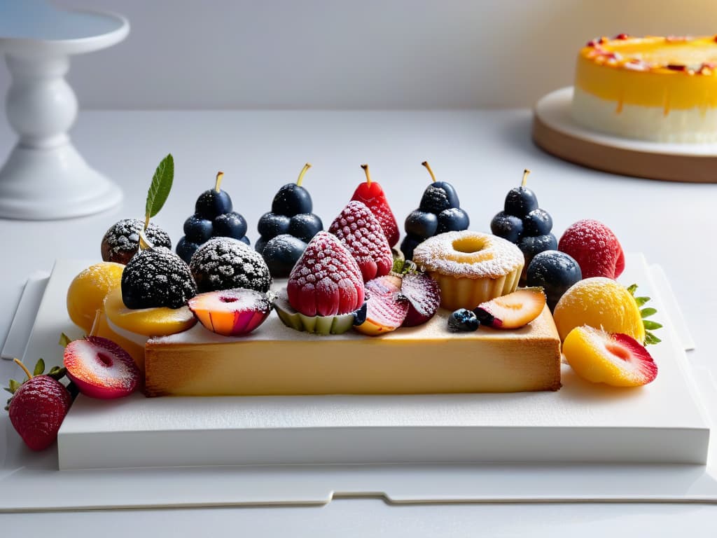  A highresolution image of a beautifully arranged assortment of sugarfree, diabeticfriendly pastries and desserts on a sleek, modern white platter. The pastries are elegantly decorated with colorful fruit toppings and delicate drizzles of sugarfree glaze, showcasing a variety of textures and flavors that are both visually appealing and suitable for individuals with diabetes. The soft natural lighting highlights the intricate details of each treat, emphasizing their artisanal quality and inviting presentation. hyperrealistic, full body, detailed clothing, highly detailed, cinematic lighting, stunningly beautiful, intricate, sharp focus, f/1. 8, 85mm, (centered image composition), (professionally color graded), ((bright soft diffused light)), volumetric fog, trending on instagram, trending on tumblr, HDR 4K, 8K