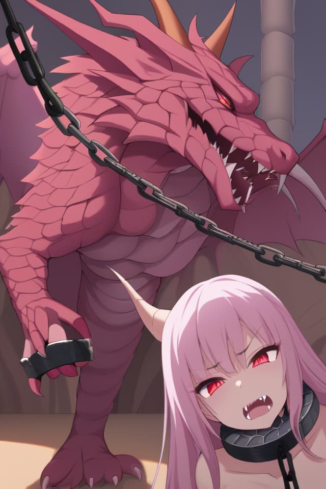  Wine colored hair,shackles,neck shackles,chained,man eating,monster,scales,dragon scales,one horn,long hair,red eyes,fangs,ferocious,restrained,beautiful girl,beautiful,cute、(absurd detailed:1.4、best quality:1.4、masterpiece:1.4)、