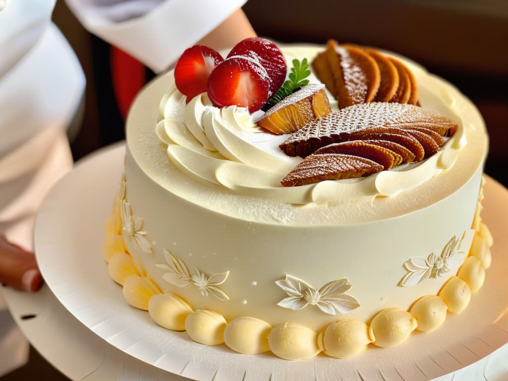  A closeup, highresolution image of a delicate pastry chef meticulously piping intricate details on a beautifully decorated cake, showcasing precision and artistry in the art of pastry making. The focus is on the chef's hands, showcasing expert technique and attention to detail, with a soft, elegant color palette in the background to enhance the minimalistic aesthetic of the image. hyperrealistic, full body, detailed clothing, highly detailed, cinematic lighting, stunningly beautiful, intricate, sharp focus, f/1. 8, 85mm, (centered image composition), (professionally color graded), ((bright soft diffused light)), volumetric fog, trending on instagram, trending on tumblr, HDR 4K, 8K