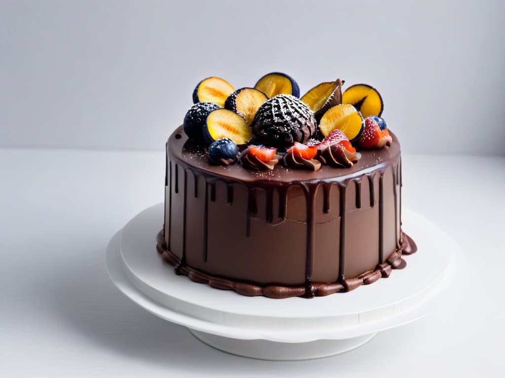  A highresolution image of a glossy, perfectly emulsified chocolate ganache being drizzled over a decadent layered cake, showcasing intricate layers of rich dark chocolate cake and smooth, velvety ganache, all set against a stark white background to emphasize the luxurious texture and professional presentation of advanced pastry emulsions. hyperrealistic, full body, detailed clothing, highly detailed, cinematic lighting, stunningly beautiful, intricate, sharp focus, f/1. 8, 85mm, (centered image composition), (professionally color graded), ((bright soft diffused light)), volumetric fog, trending on instagram, trending on tumblr, HDR 4K, 8K