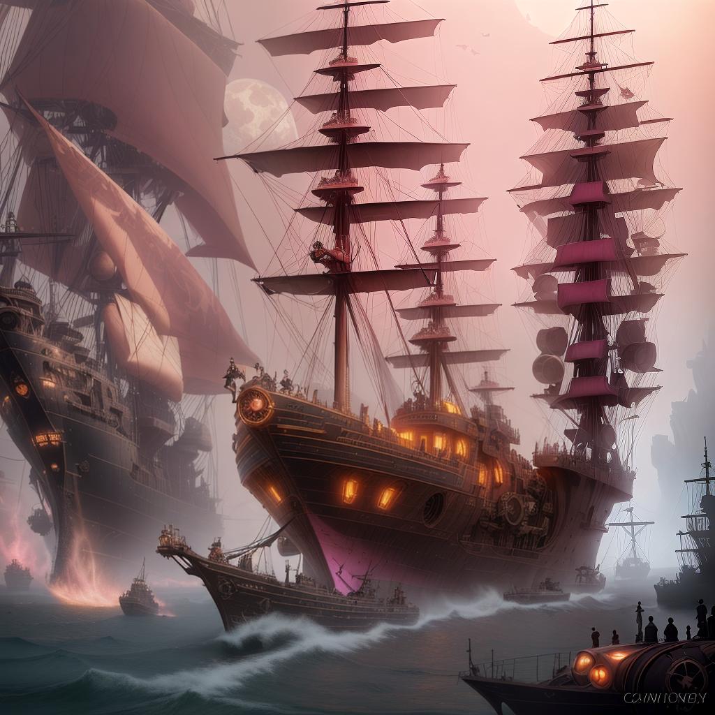  The Last Ship Envy, steampunk, stylized digital illustration, sharp focus, elegant, intricate, digital painting, artstaion concept art, global illumination,ray tracing, advanced technology, chaykan howard, campion pascal,cooke darwin, davis jack, pink atmosphere