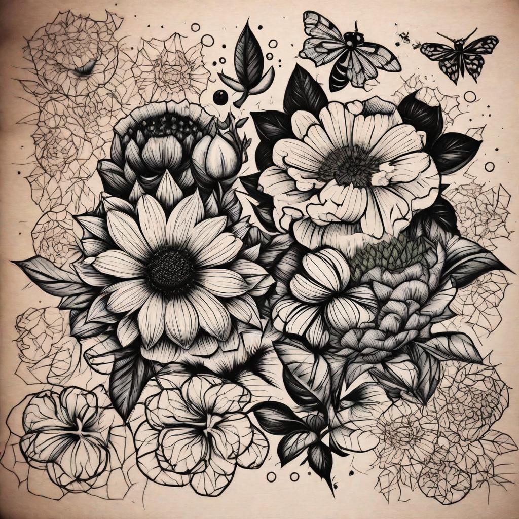  masterpiece, best quality, A sleeve tattoo from the upper arm to the hand with peonies, sunflowers, a bee, mandala elements and a moth, all in fineline style and dotwork