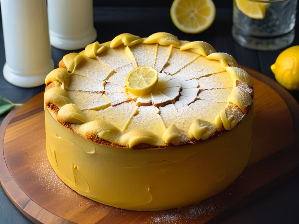  A closeup, ultradetailed image of a glossy, freshly baked olive oil and lemon cake, sitting on a rustic wooden table. The cake is perfectly golden brown, with a sprinkle of powdered sugar on top, and a few thin lemon slices elegantly arranged on the surface. The texture of the cake appears moist and light, with small crumbs visible on the smooth surface. The warm hues of the cake contrast beautifully with the natural wood grain of the table, creating a visually appealing and appetizing scene that perfectly complements the article's focus on using olive oil in baking. hyperrealistic, full body, detailed clothing, highly detailed, cinematic lighting, stunningly beautiful, intricate, sharp focus, f/1. 8, 85mm, (centered image composition), (professionally color graded), ((bright soft diffused light)), volumetric fog, trending on instagram, trending on tumblr, HDR 4K, 8K